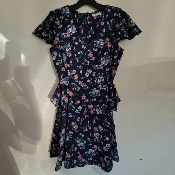 Copper Key Blue Floral Ruffle Cap Sleeve Mini Sun Dress Size Small - Picture 1 of 13